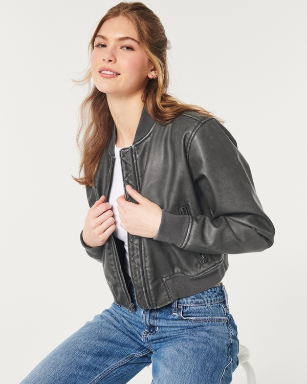 Zip-Up Vegan Leather Bomber Jacket