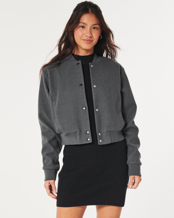 Faux Wool Bomber Jacket, Dark Grey