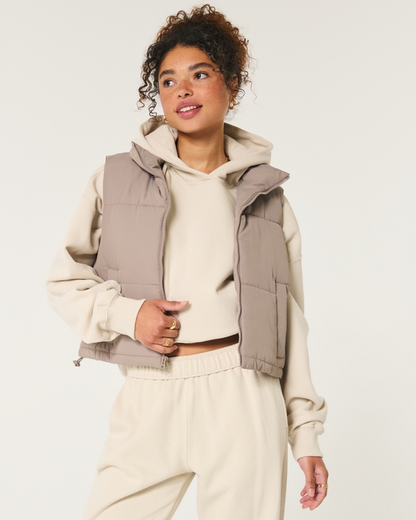 Mini Zip-Up Puffer Vest, Taupe