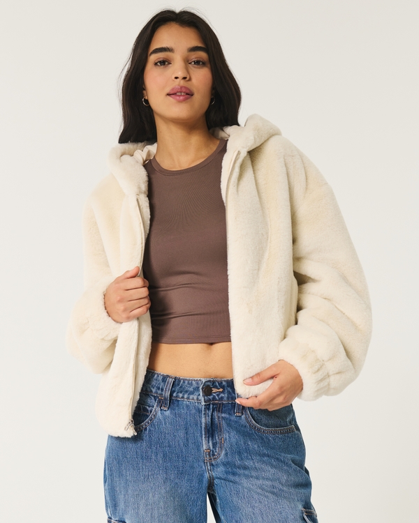 Cozy Faux Fur Zip-Up Hoodie, Cream