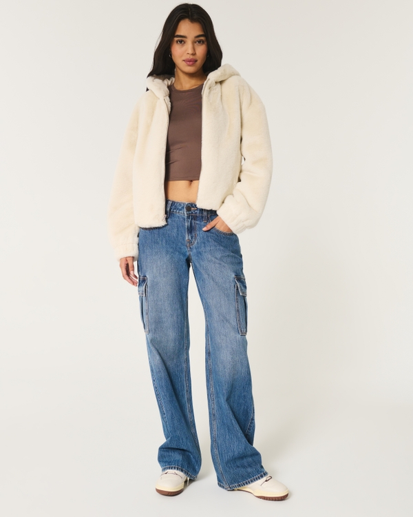 Cozy Faux Fur Zip-Up Hoodie, Cream view 2