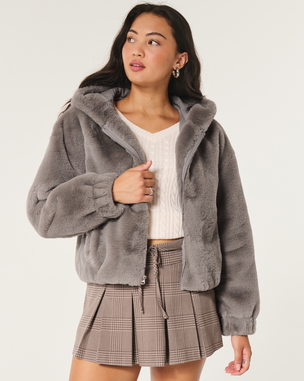 Cozy Faux Fur Zip-Up Hoodie, Light Brown