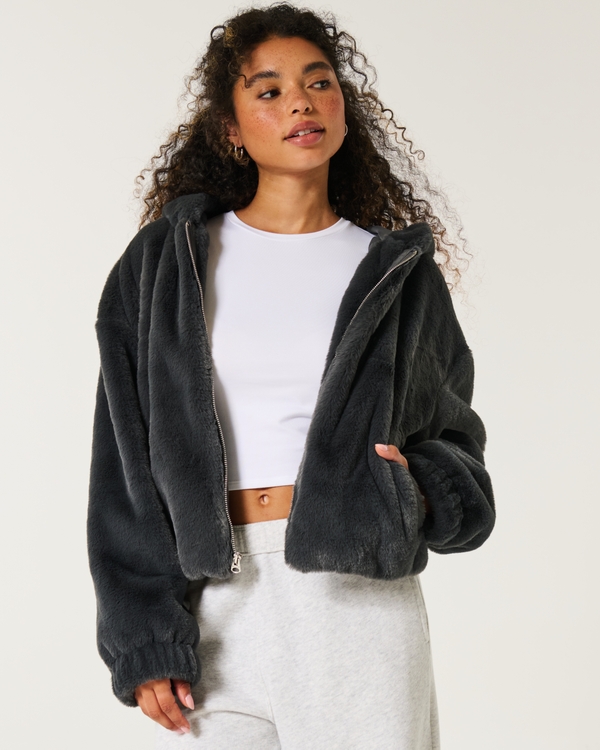 Cozy Faux Fur Zip-Up Hoodie, Charcoal Grey