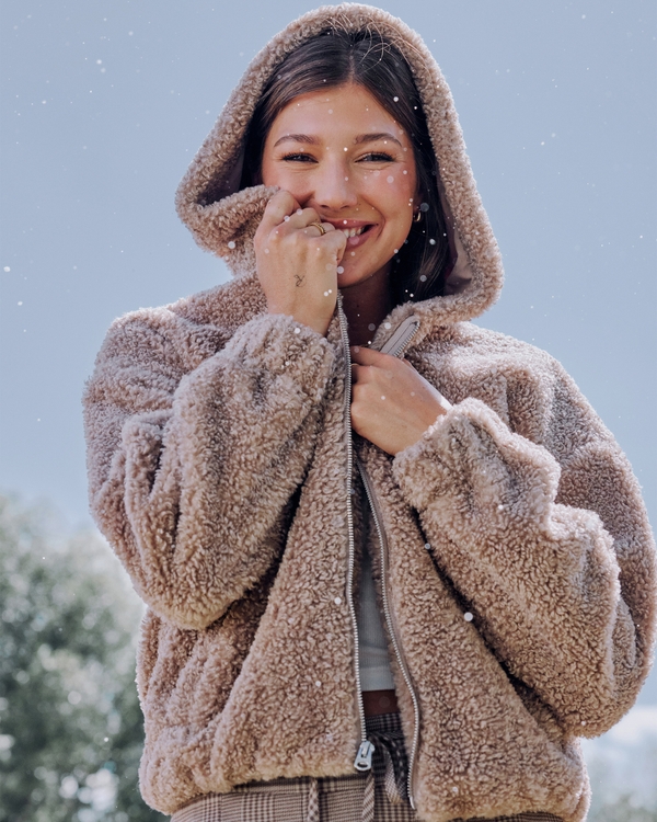 Curly Faux Fur Zip-Up Jacket, Light Brown