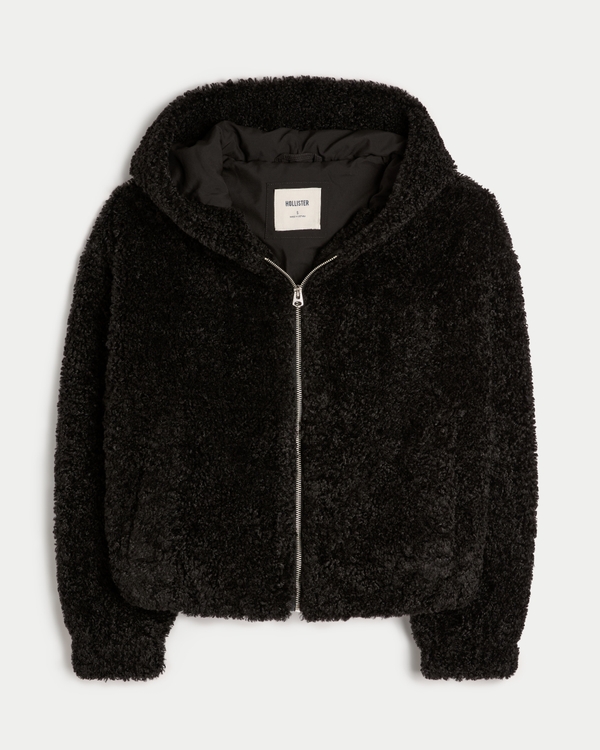 Curly Faux Fur Zip-Up Jacket, Black view 1