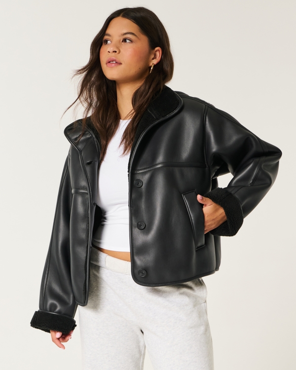 Sherpa-Lined Vegan Leather Jacket, Black