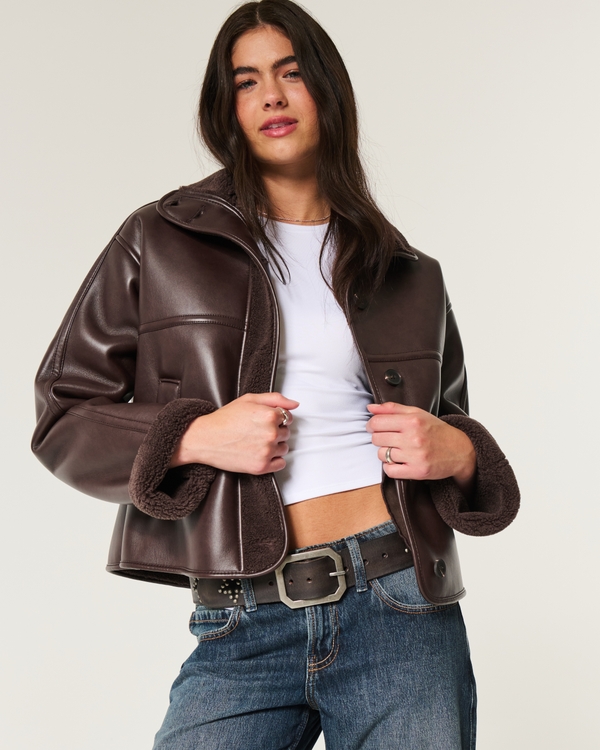 Sherpa-Lined Vegan Leather Jacket, Espresso