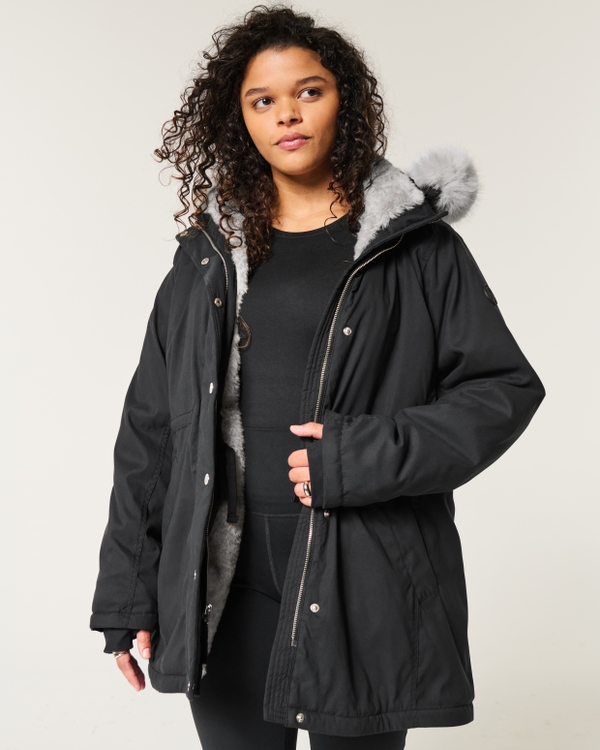 Faux Fur-Lined Parka, Black