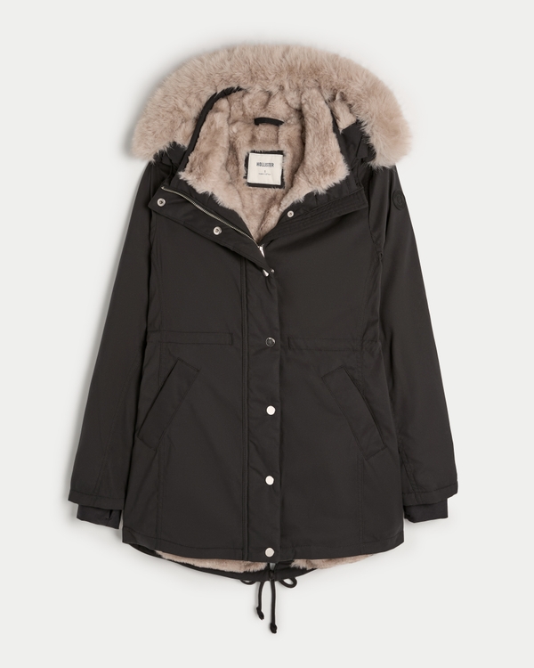 Faux Fur-Lined Parka, Black