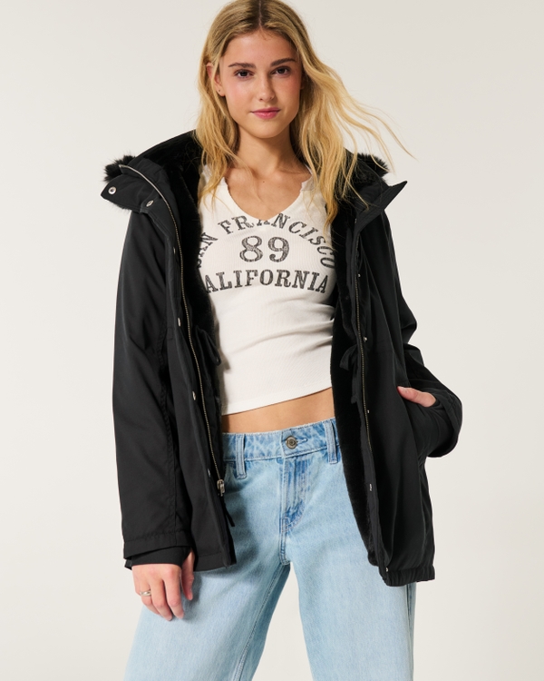 Faux Fur-Lined Parka, Black