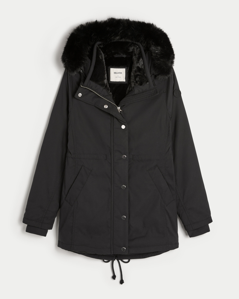 Hollister Womens Faux Fur-Lined Cozy Parka Small Black NWT $150 Sold store Out