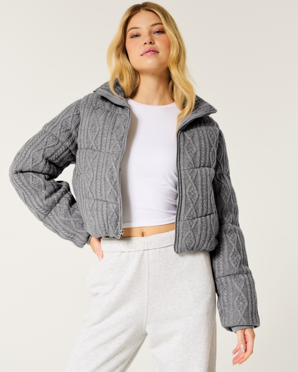 Sweater-Knit Mini Puffer Jacket, Grey