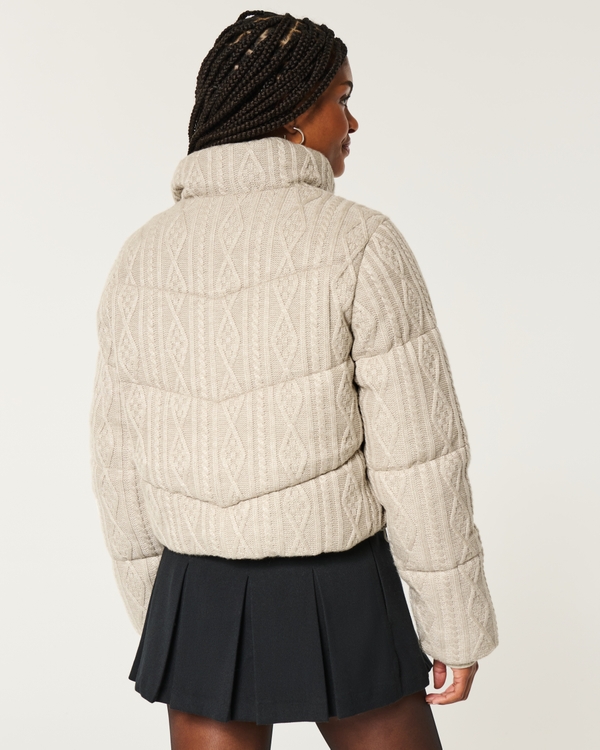 Sweater-Knit Mini Puffer Jacket, Taupe view 2