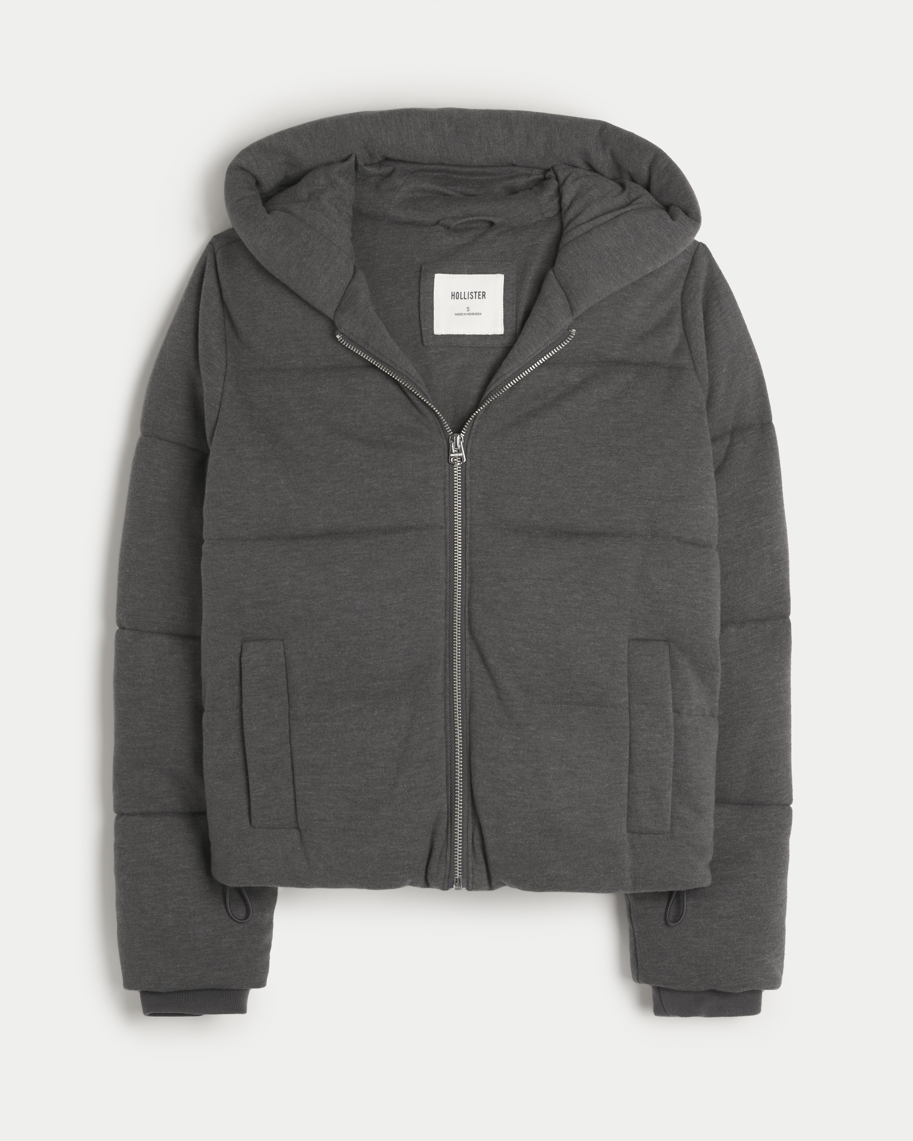 Women s Fleece Hooded Puffer Jacket in Dark Grey Size XXS from Hollister