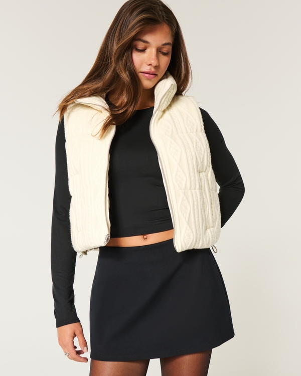 Sweater-Knit Mini Puffer Vest, Cream