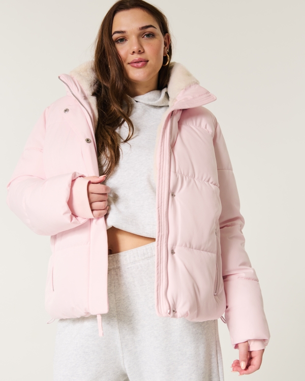 Faux Fur-Lined All-Weather Puffer Jacket, Pale Pink