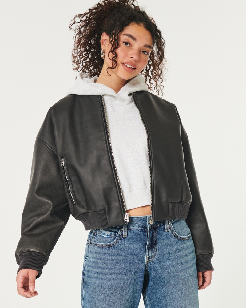 Women's Vegan Leather Zip-Up Bomber Jacket | Women's Jackets & Coats | HollisterCo.com