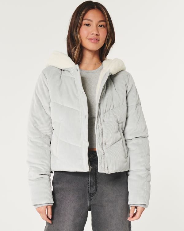 Hollister Women's Winter Jacket Coat Gray Faux Fur Heavy Size