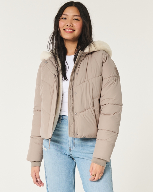 Cozy-Lined Puffer Jacket, Light Brown
