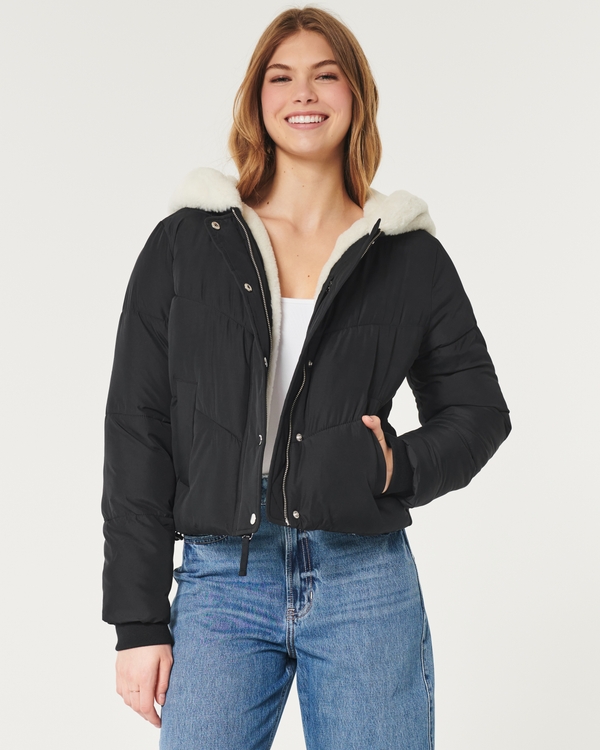 Cozy-Lined Puffer Jacket, Black