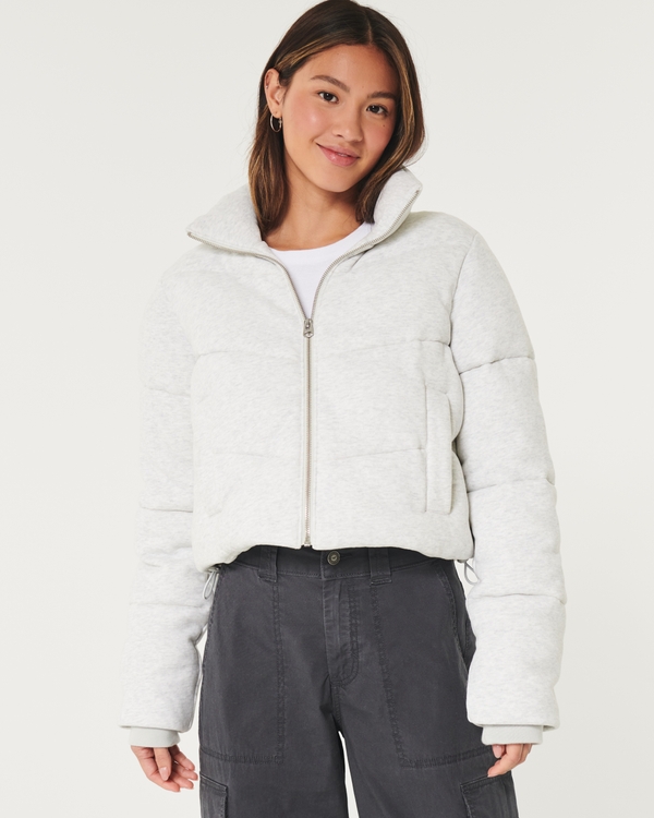 Mini Fleece Zip-Up Puffer Jacket, Light Heather Grey