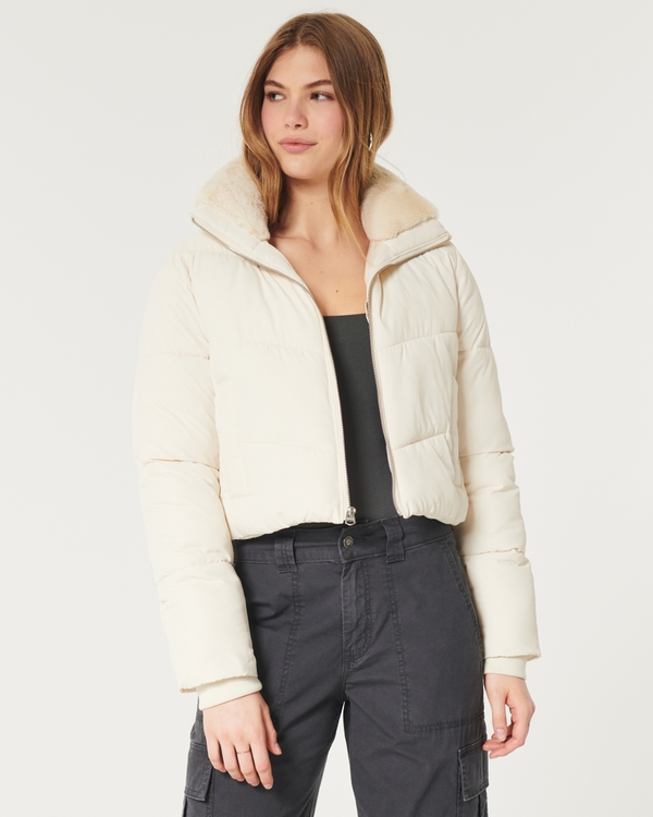 Mini Zip-Up Faux Fur Collar Puffer Jacket, Cream