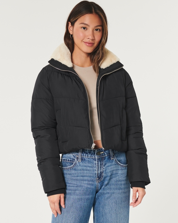 Mini Zip-Up Faux Fur Collar Puffer Jacket, Black