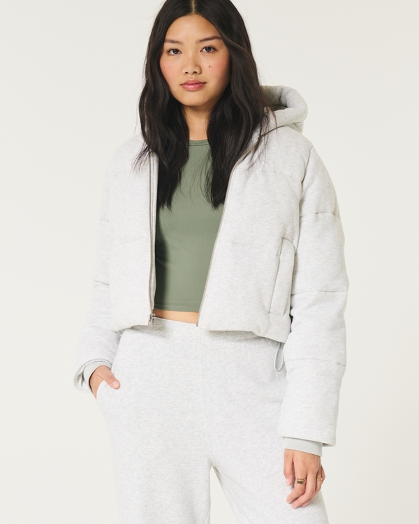 Mini Fleece Hooded Zip-Up Puffer Jacket, Light Heather Grey