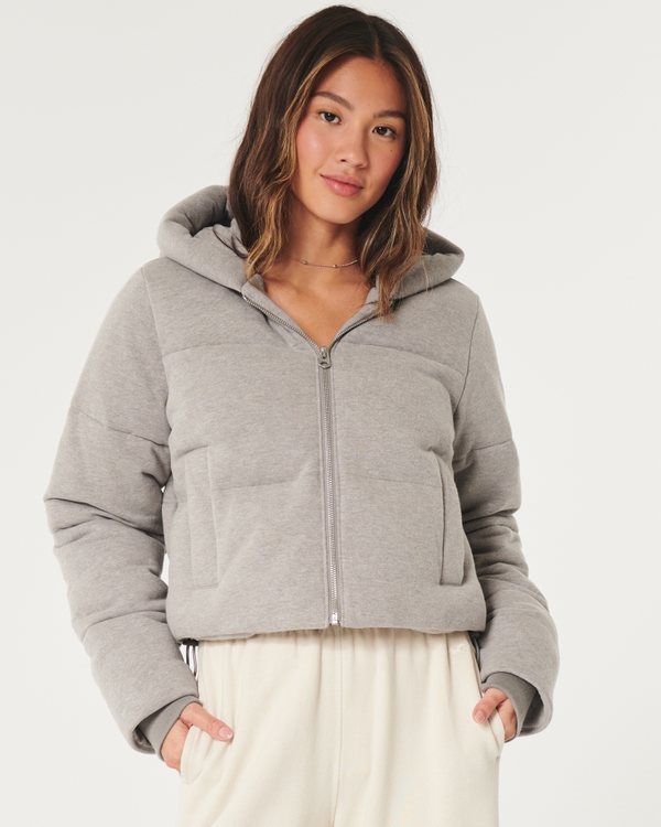 Mini Fleece Hooded Zip-Up Puffer Jacket, Light Heather Brown