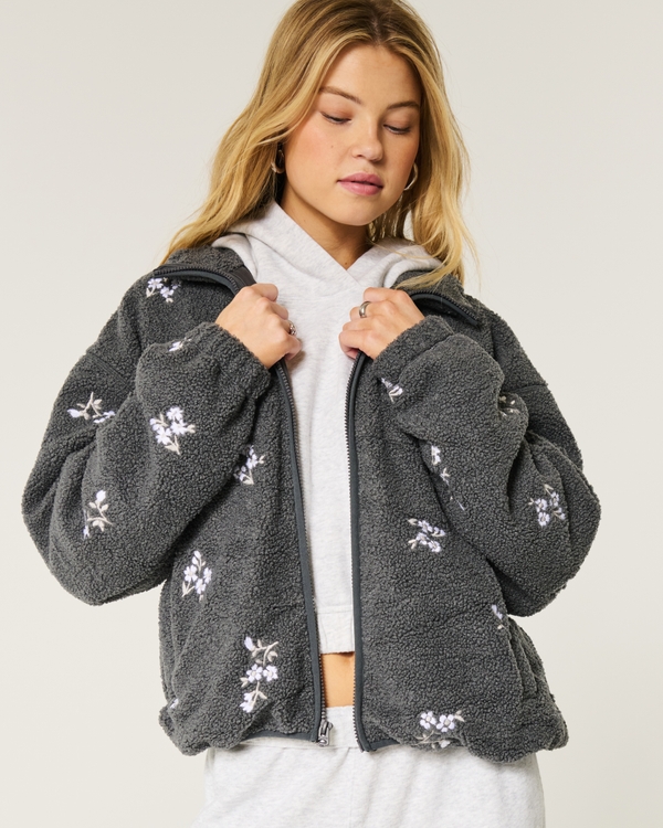 Embroidered Sherpa Fleece Jacket, Dark Grey Floral view 1