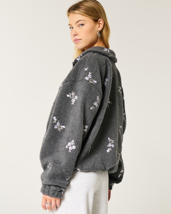 Embroidered Sherpa Fleece Jacket, Dark Grey Floral view 2