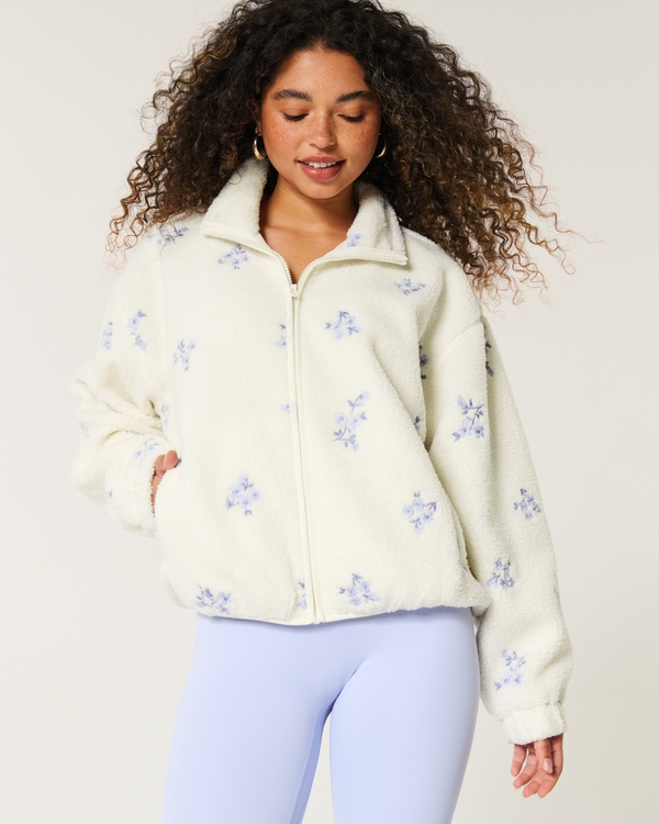 Embroidered Sherpa Fleece Jacket, Cloud White Pattern view 1