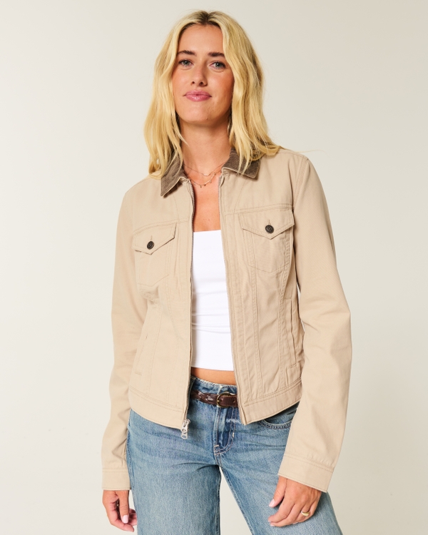 Twill Zip-Up Jacket, Khaki view 1