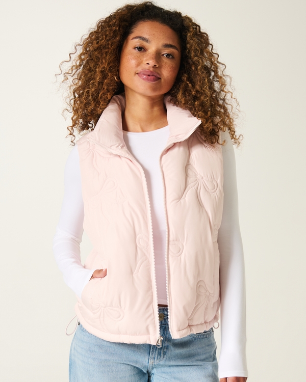 Bow Pattern Puffer Vest, Pale Pink view 1