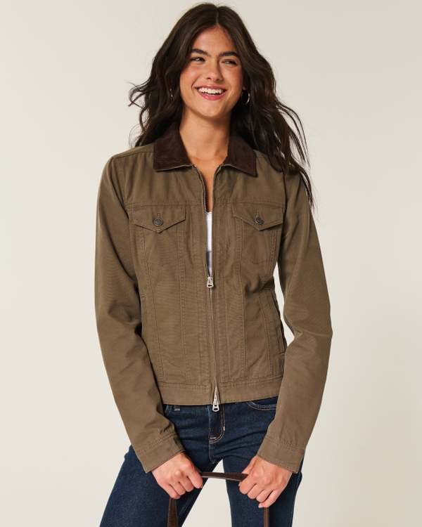 Twill Zip-Up Jacket, Dark Olive Green view 1