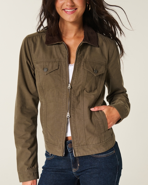 Twill Zip-Up Jacket, Dark Olive Green view 2