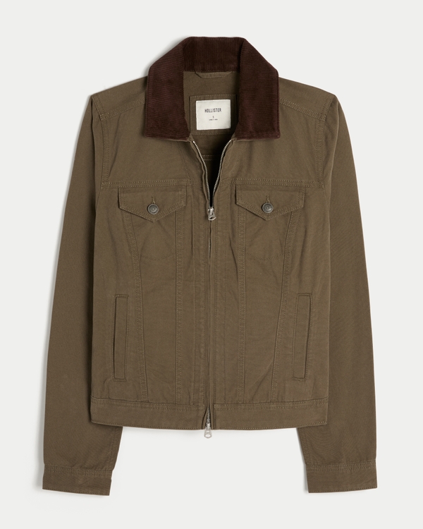 Twill Zip-Up Jacket, Dark Olive Green view 1