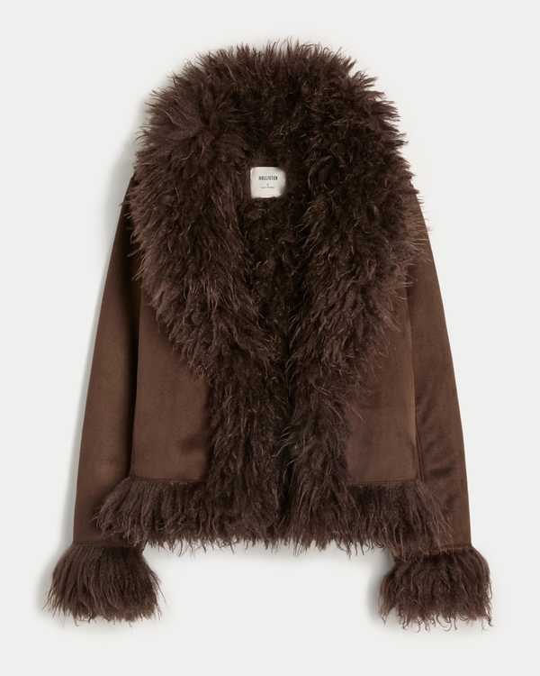 Faux Fur-Lined Faux Shearling Jacket, Espresso view 1
