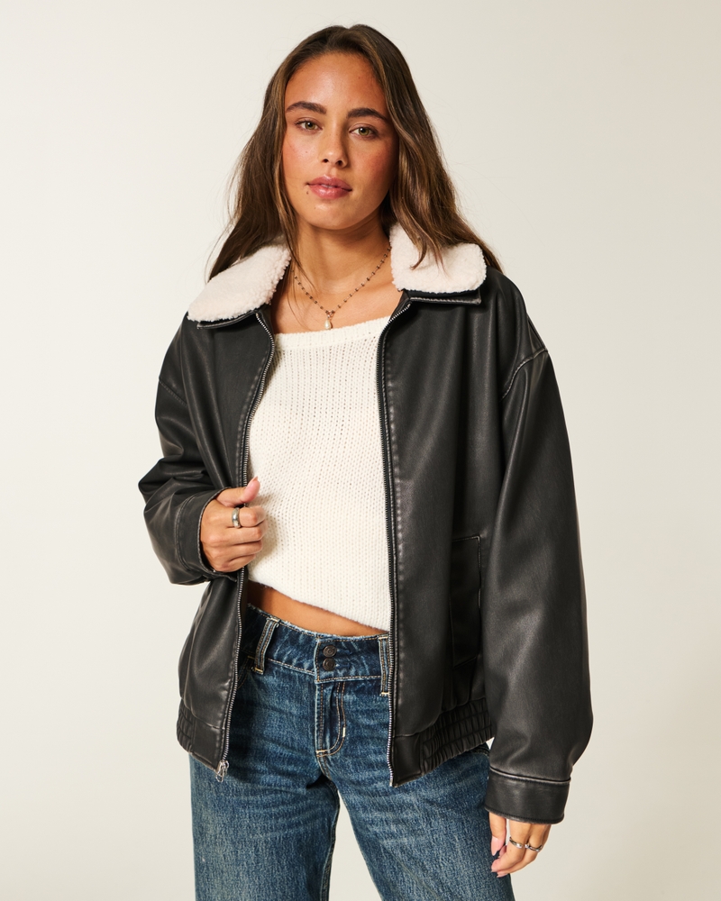 Sherpa Collar Faux Leather Bomber Jacket