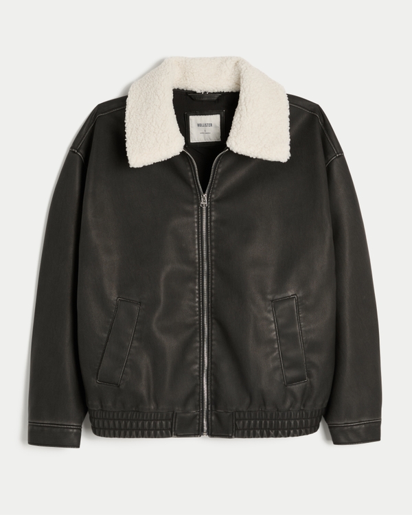 Sherpa Collar Faux Leather Bomber Jacket