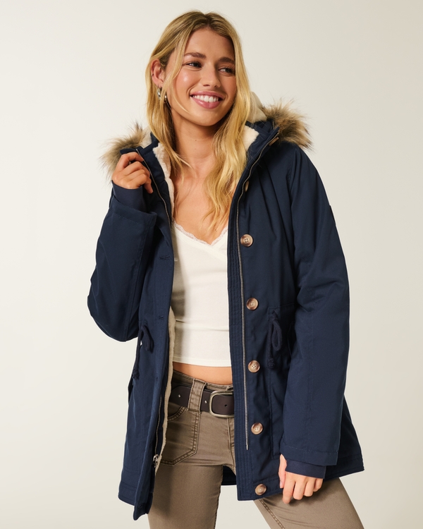 Faux Fur-Lined Parka, Navy Blue view 1