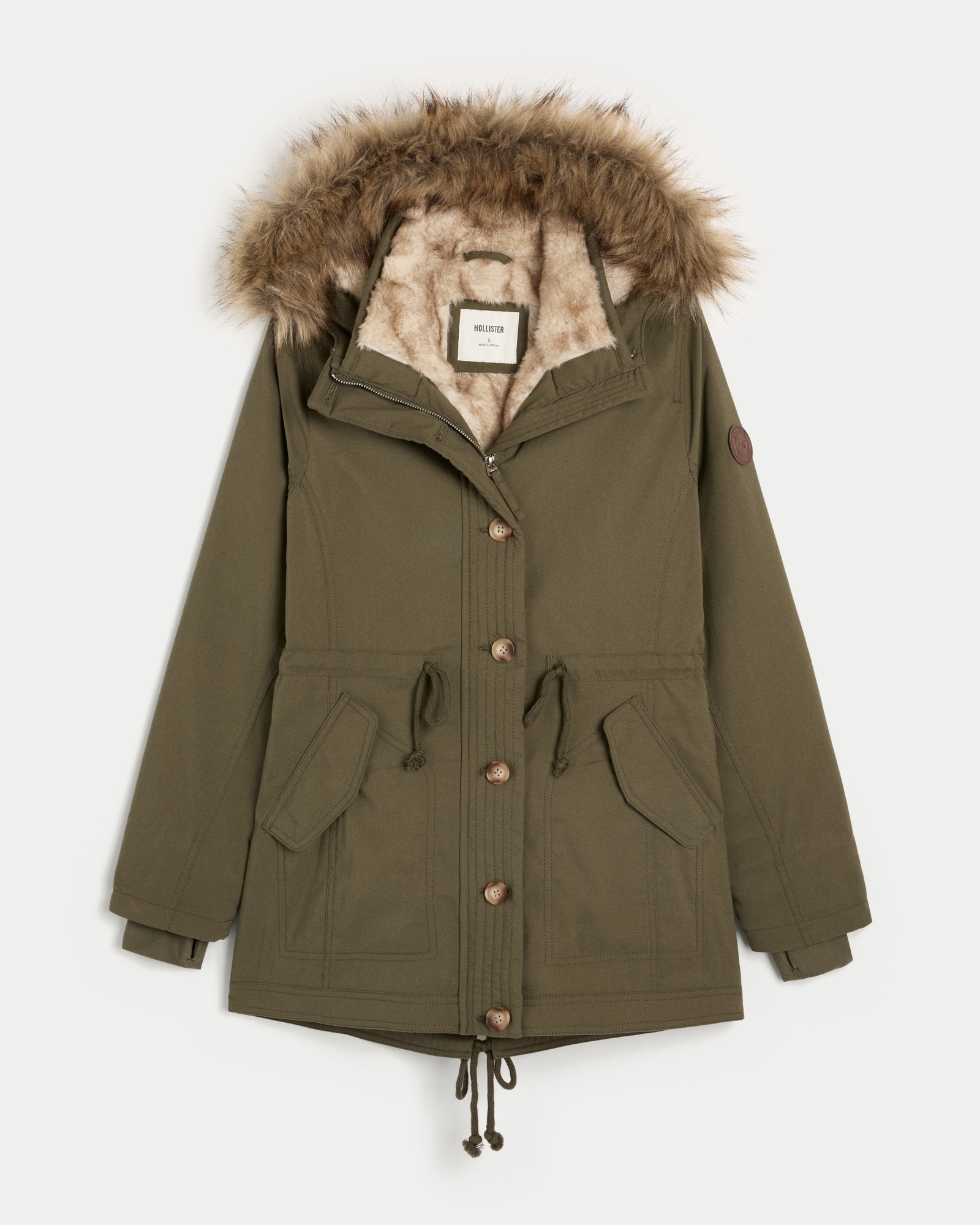 Hollister Green Parka Coat With Fur Hood Women's Faux Fur-Lined