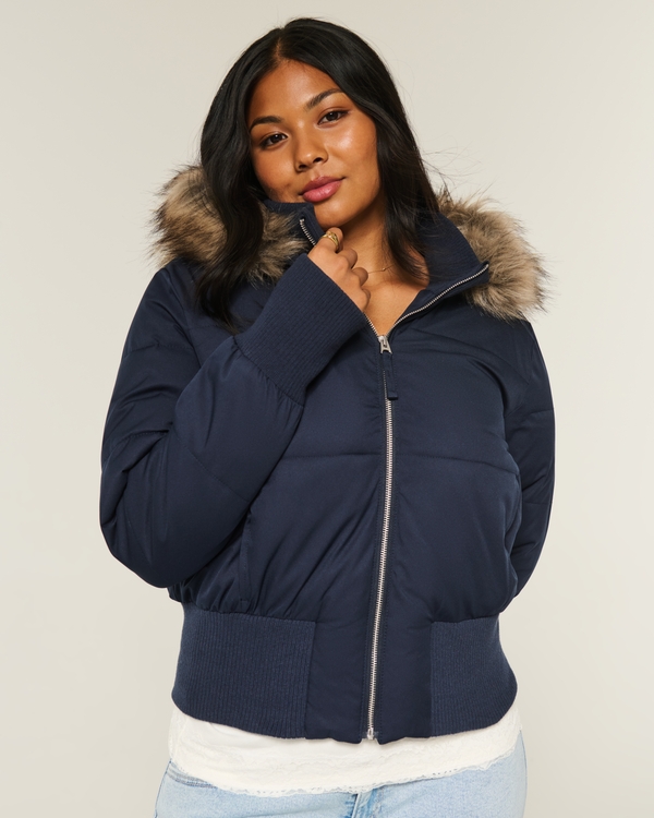 Faux Fur Trim Puffer Bomber Jacket, Navy Blue view 1