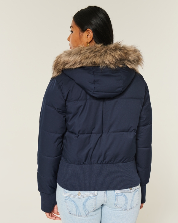 Faux Fur Trim Puffer Bomber Jacket, Navy Blue view 2