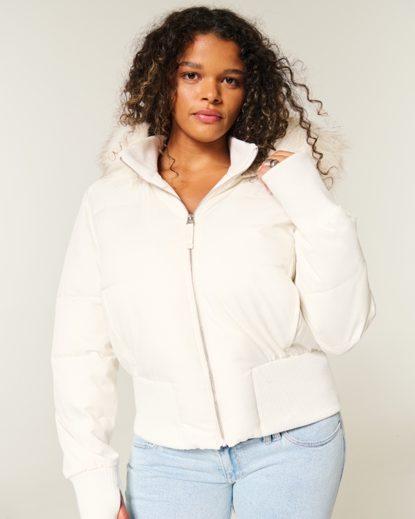 Faux Fur Trim Puffer Bomber Jacket, Cloud White view 2