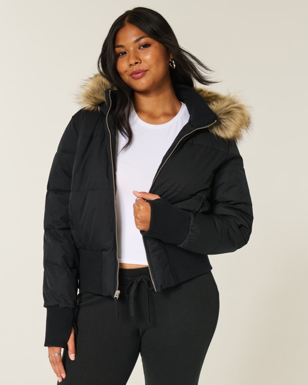 Faux Fur Trim Puffer Bomber Jacket, Black view 1