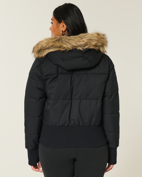 Faux Fur Trim Puffer Bomber Jacket, Black view 2