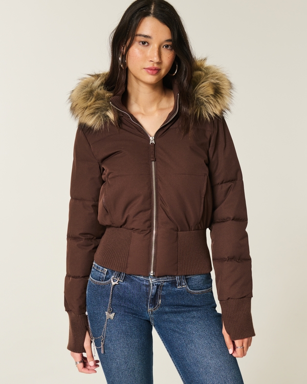 Faux Fur Trim Puffer Bomber Jacket, Espresso view 1