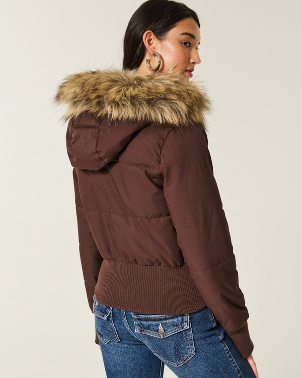 Faux Fur Trim Puffer Bomber Jacket, Espresso view 2