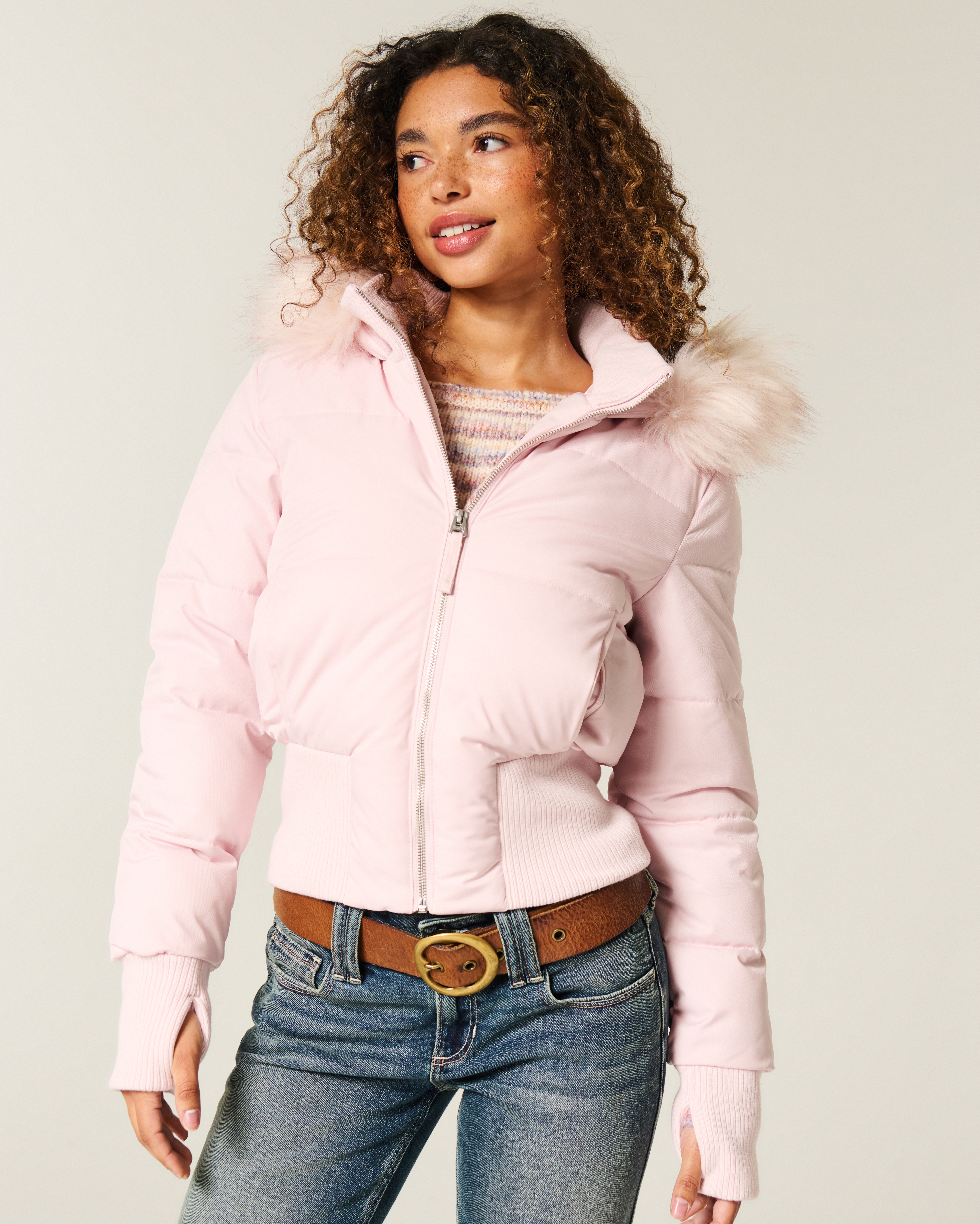 Hollister Faux Fur Trim Puffer Bomber Jacket